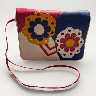 Bolsa tiracolo Carlos Falchi couro branco flores azul fuscia laranja - Imagem 1 de 4