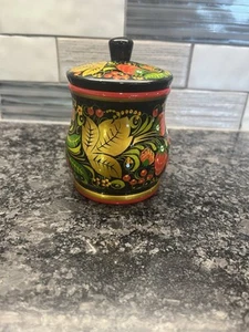 VTG Russian Khokhloma Folk Art Strawberries Painted Jar Lid Sugar Bowl Black Red - Picture 1 of 6