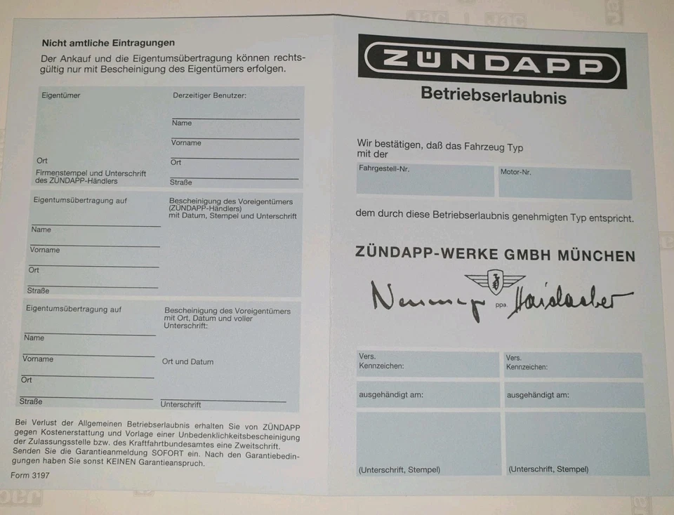 Zündapp Werke München NOS Betriebserlaubnis ABE Registrierschein Kleinkrafträder