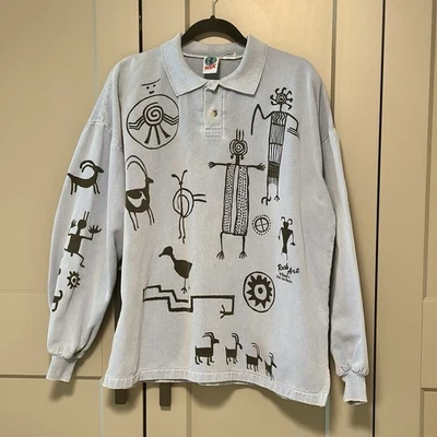 Camisa Polo De Colección Años 90 WEK Arte Rupestre Manga Larga Talla S/M Azul Suroeste Nativo Boho Foto 1 de 4