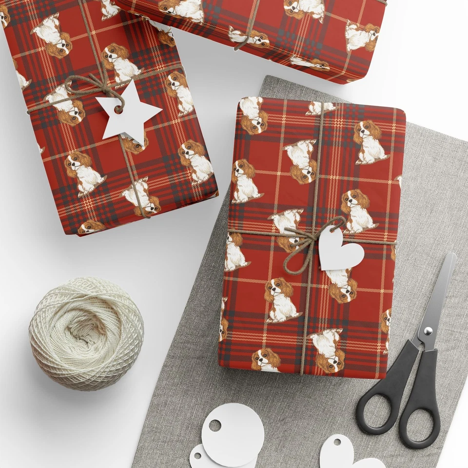 Cavalier King Charles Spaniel Dog Wrapping Paper, Red Plaid Gift Wrap Roll - Image 1 of 1