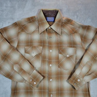 Vntg Pendleton Western Brown Plaid Button Shirt Sz Large Wool USA 70s 80s FLAWs - Image 1 of 4