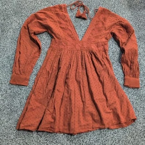FREE PEOPLE X-Small Sugarpie Mini Dress Top Cinnamon Orange Long Sleeve Summer - Picture 1 of 9