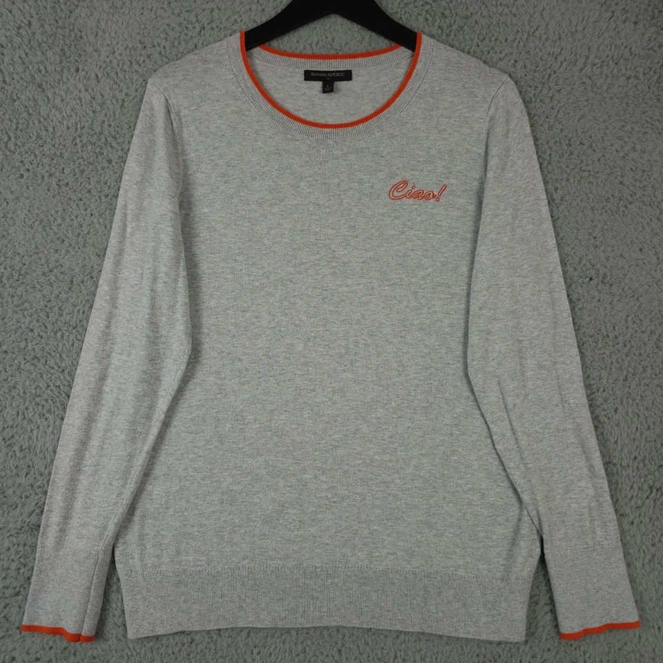 Banana Republic Sweater Womens Large Gray Orange Embroidered Ciao! Italy Preppy - Image 1 of 4
