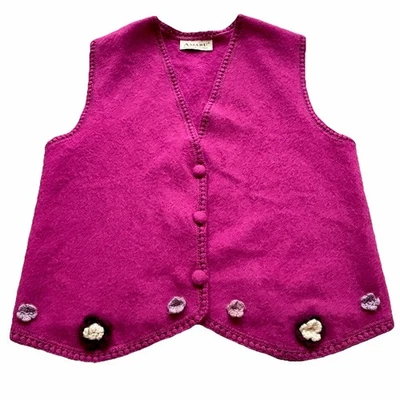 Hand knit 100% Alpaca Vest Women’s Large Purple 3D Flower Embellishment, Buttons - Image 1 of 4