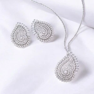 Rhodium Plated with Cubic Zirconia Pendant Necklace Earrings Jewelry Set. - Picture 1 of 5