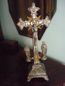 Antique Altar Cross Metal With JESUS , marie and marie madeleine - Picture 1 of 12