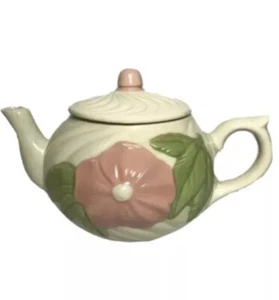 Vintage American Bisque Pottery Teapot 7” Pink Flower Swirl Cloud USA with Lid - Picture 1 of 13