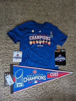 Chicago Cubs 2016 World Series Champions Pennant, Stickers Lot - Size Youth XL - Image 1 of 4