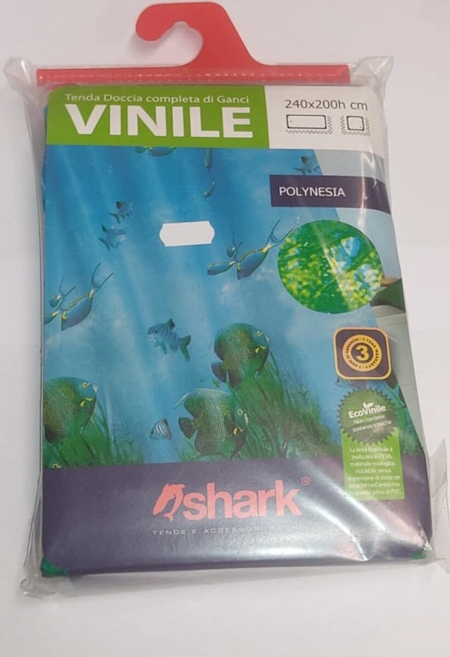 SHARK - TENDA DA DOCCIA COMPLETA DI GANCI IN VINILE LINEA "POLYNESIA" 240x200...