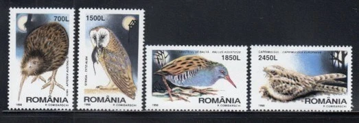 ROMANIA Kiwi, Búho de Granero, Riel de Agua y Nightjar BIRDS MNH Set Foto 1 de 1