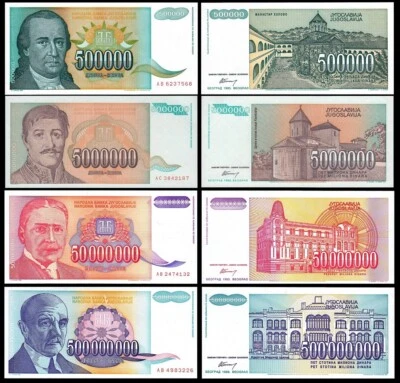 Yugoslavia 4 Pcs UNC Set, 500000 5000000 50000000 500000000 Dinars 1993 - Image 1 of 4