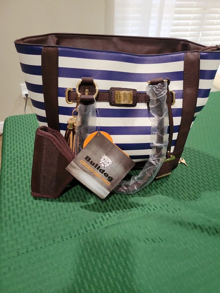 Bulldog Concealed Carry Tote Style Purse, Navy Stripe 17" x 12" x 5"  BDP-050 - Image 1 of 1