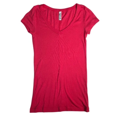 Camiseta roja con cuello en V para mujer Tee Shop MED extra larga manga corta suave informal elástica Foto 1 de 4