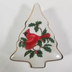 Lefton Christmas Tree Shape Trinket Box Red Cardinal & Holly Vintage Japan - Picture 1 of 8