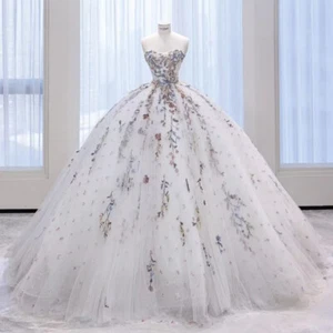 Elegant Wedding Dresses Off-Shoulder Bride Ball Gown Strapless Lace Appliques - Picture 1 of 13