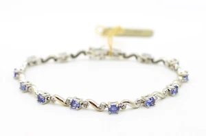 14K  White Gold Oval Shape Tanzanite Gem Stone & Diamonds Wave Link Bracelet - Picture 1 of 10