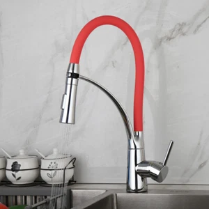Red Chrome Kitchen Sink Faucet Swivel Spout Single Handle Mixer Deck Mounted Tap - Picture 1 of 8