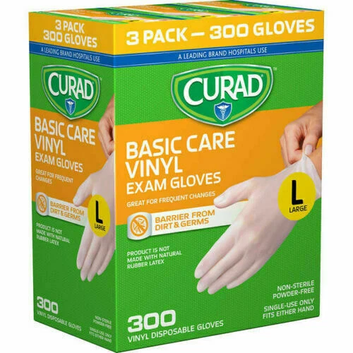 3 CAJAS X 100 CURAD CUIDADO BÁSICO VINILO GUANTES EXAMEN GRANDES TOTAL 300 CT Foto 1 de 1