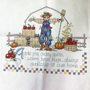 Handmade Finished Cross Stitch Unframed Autumn Scarecrow Apples Quilts *READ* - Picture 1 of 13