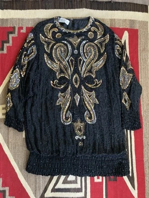 复古 Lillie Rubin 黑色亮片连衣裙 L 码礼服 80 年代中长 — 第 1/4 张图片