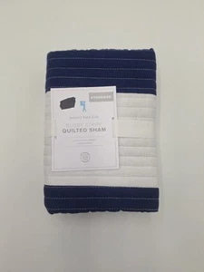 New Pottery Barn Kids Rugby Stripe Quilted Standard Sham Navy Blue White Cotton - Picture 1 of 4