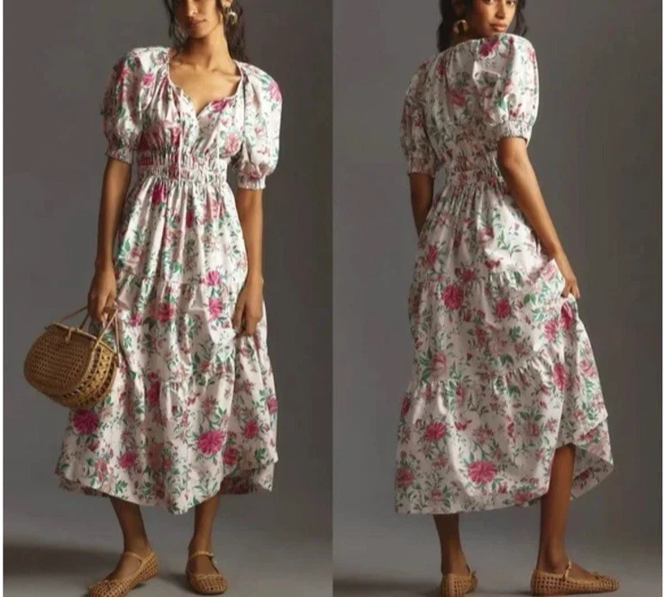 Anthropologie Somerset Dress Size 1X White Pink Floral Maxi Puff Sleeve Cotton - Image 1 of 4