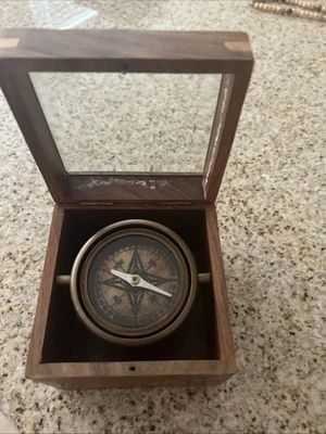 Antique Compass Brass Gimbal Wooden Vintage box With Glass Nautical Best for Gif - Image 1 of 4