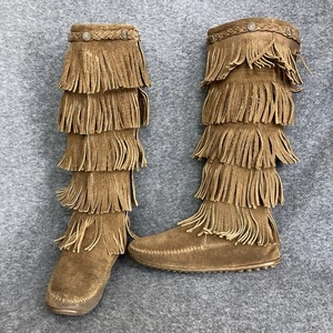 Minnetonka Fringe Western Boots Women 7 Boho Brown Suede Tall Moccasin Indian - Picture 1 of 24