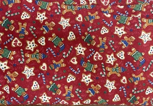 Cotton Fabric Red Gingerbread Candy Cane Cookies 7 7/8 Yards x 42 Inches - Picture 1 of 5