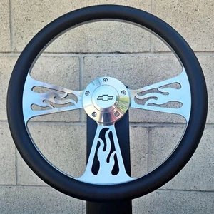 14" Billet Flame Steering Wheel with Black Vinyl Wrap and Chevy Horn Button - Picture 1 of 3