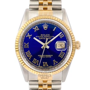 ROLEX DATEJUST 16233 GOLD STEEL 36MM WATCH BLUE ROMAN DIAL 18K FLUTED BEZEL B+P - Picture 1 of 8