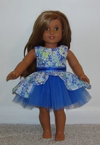 18" Doll Blue Floral Print with Tulle Party Dress (Fits American Girl) - Cute! - Picture 1 of 1