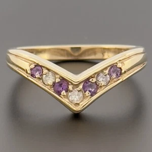 9ct Yellow Gold Amethyst & Diamond Eternity Wishbone Ring Size P Hallmarked - Picture 1 of 10