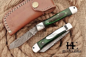 HUNTEX Custom Handmade Damascus Blade, Wood,100mm Long Hunting Pocket Spey Knife - Picture 1 of 7