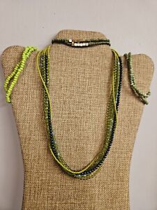 Strand Necklace & Bracelets Shades Of Green Beaded Multi