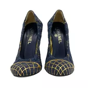CHANEL Authentic Pumps Shoes Tweed Coco Mark Navy Gold Color Size 37.5 Heel 9cm - Picture 1 of 8