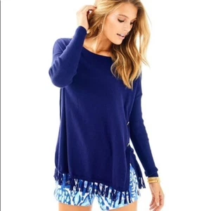 Lilly Pulitzer Navy Cotton Blend Knit Ramona Fringe Sweater Size XS - Picture 1 of 5