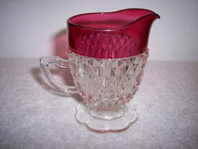 INDIANA GLASS RUBY STAINED DIAMOND POINT HANDLED PEDESTAL BASE CREAMER~~#2 - Image 1 of 4