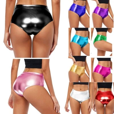 UK Women Shiny Metallic Brief Underwear Festival Bottoms Nightclub Dancing Short - Image 1 of 4