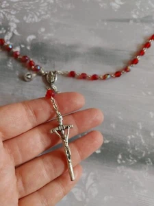 Vintage necklace Religious Christian cross crucifix rosary AB red crystal beads - Picture 1 of 6