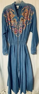 Vtg 80s 90s Blue Denim Western Dress Jewel Gold Glitter Geometric Paint Bling M - Picture 1 of 8