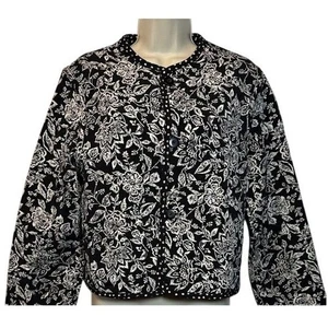 Handarbeit schwarz weiß Blumen Wende Stepp Knopfleiste Jacke Boho Chic - Bild 1 von 9