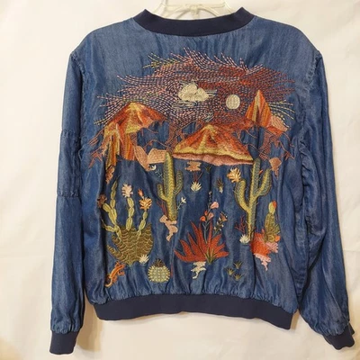 Куртка-бомбер Johnny Was Workshop размер M вышитая синяя кактус Southwest - Изображение 1 из 4
