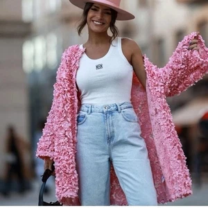 Rare Zara Pink Petal Jacket Floral Textured Flowers - Size Large Coat - Picture 1 of 13
