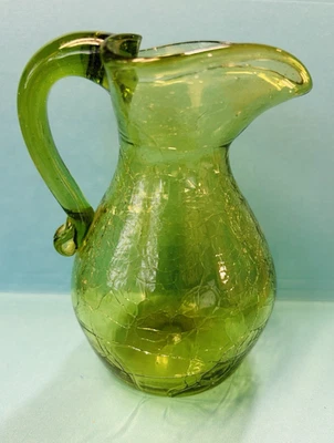 Vtg Small Green Crackle Glass Pitcher Vase Heart Jamestown VA 5" Tall Home Decor - Image 1 of 4