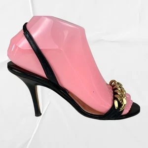 Michael Kors Black Leather & Gold Accent Open Toe 3.5” Heel Sandal Sz 6.5M - Picture 1 of 12