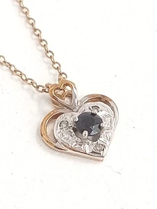 9ct Yellow/White Gold Heart Pendant Sapphire & Diamond + 42cm Chain 2.00g - Picture 1 of 10