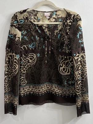 Xhilaration上衣衬衫小号Y2K透明棕色绿松石蕾丝长袖 — 第 1/4 张图片