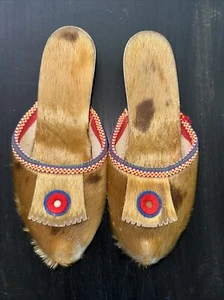 Vintage Elk Brand Hair On Elk Hide Moccasins Open Back Embroidered Edging RARE - Picture 1 of 4